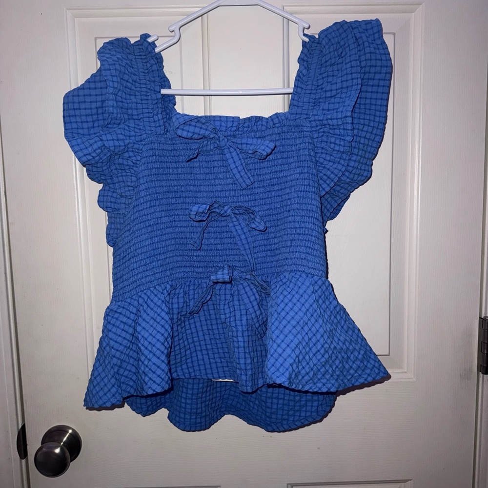 Entro Blue Smocked Peplum Blouse with Flutter Sleeves